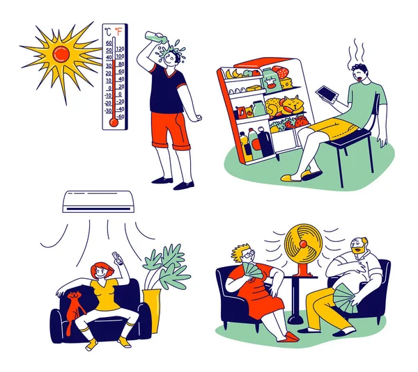 Postavy v letní době Hot Period Concept. Sweltering in Heat Young and Aged People Seitting on Sofa Use Fans, Using Conditioner, Lití vody získat trochu chladnější. Lineární vektorová ilustrace — Stockový vektor