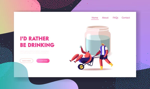 Alcohol Addiction, Home Brewing Landing Page Template. Villagers Male Characters Drinking Moonshine Have Fun. Man Pushing Wheelbarrow with his Drunk Friend inside. Cartoon People Vector Illustration — Stock Vector