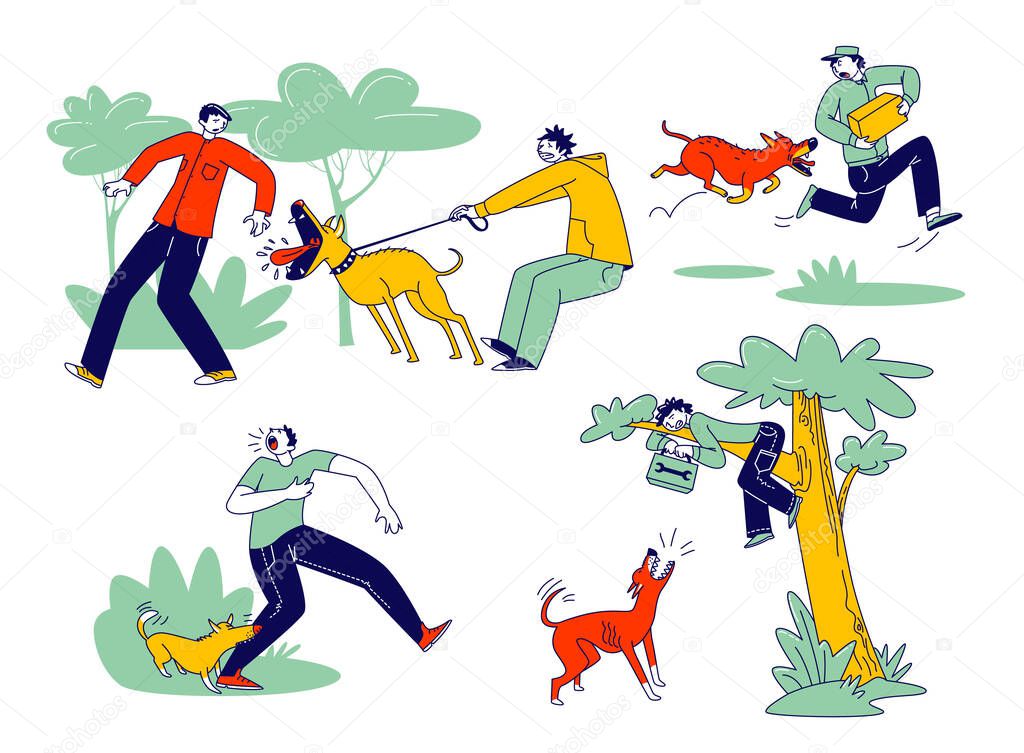 Dog Attack Concept. Aggressive Animals Biting and Barking on Male Characters. Delivery Man with Parcel in Hands Escaping of Angry Dog, Handyman Sitting on Tree. Linear People Vector Illustration