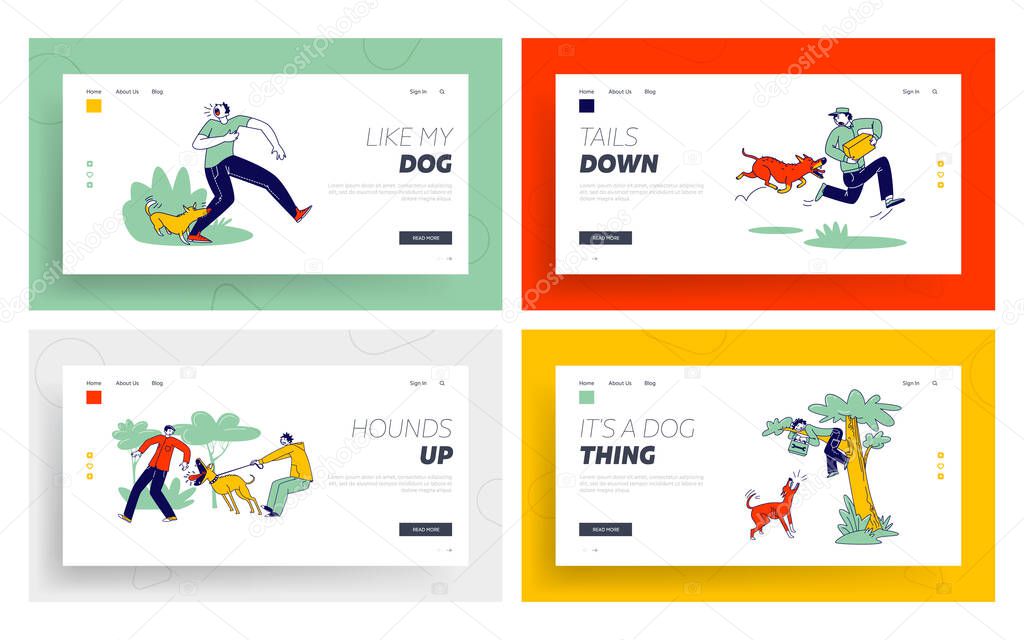 Dog Attack Landing Page Template Set. Aggressive Animals Biting and Barking on Characters. Delivery Man with Parcel Escaping of Angry Dog, Handyman Sitting on Tree. Linear People Vector Illustration