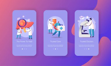 Siroz, Hepatit Pankreatit Mobil Uygulama Sayfası Ekran Şablonu. Dev Karaciğer 'te Minik Doktor Karakterleri, Mikroskop, İç Organ Hastalıkları Konsepti üzerinde çalışıyor. Çizgi film İnsanları Vektör İllüstrasyonu