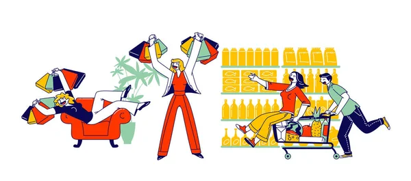 Shopaholic Characters Spare Time. Vrolijke Vrouw Hold Shopping Tassen met Aankopen. Een paar gekken in de Supermarkt. Happy Man duw winkelwagen met meisje. Lineaire People Vector Illustratie — Stockvector