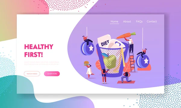 Diet Failure Landing Page Template. Characters Enjoying Unhealthy Junk Food. People Refuse Healthy Lifestyle Meals Prefer Eating Fat Food and Throw Healthy Meal to Basket. Cartoon Vector Illustration — Stock Vector