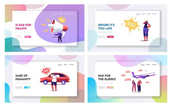 Ruído Poluição Landing Page Template Set. Personagens minúsculos cobrem orelhas para evitar sons irritantes feitos por transporte e alto-falante enorme. As pessoas sofrem de zumbido barulhento. Desenhos animados Vector Ilustração — Vetor de Stock