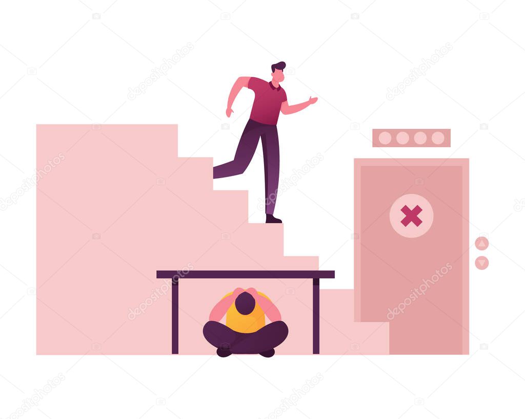 Scared Male Character Running Downstairs for Evacuation from Shaking Building, Man Sitting under Table, People during Earthquake Trying to Survive and Protect their Lives. Cartoon Vector Illustration