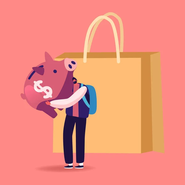 Tiny Man Charakter Objímání Obrovský Piggy Bank Stand at Shopping Paper Bag. Šetření Finance Rozpočet a sbírat peníze v šetrné-box, Spotřeba Redukce, Otevřený bankovní vklad. Cartoon Vector Illustration — Stockový vektor