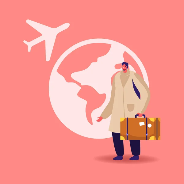 Männliche Figur mit Koffer in der Hand steht am Earth Globe mit fliegendem Flugzeug im Himmel. Touristen, die im Sommerurlaub ins Ausland reisen, illegale oder legale Einwanderer überqueren die Grenze. Zeichentrickvektorillustration — Stockvektor