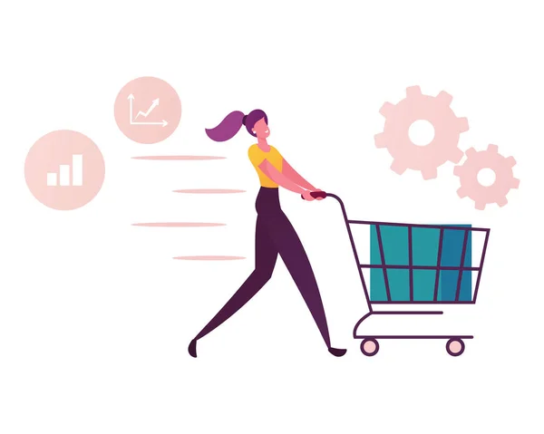 Personaje femenino Conducir carrito de compras con gráficos de crecimiento Iconos y Cogwheels Aislado sobre fondo blanco. Compras, Conciencia de Marca, Oferta de Ventas en Promoción Mall. Ilustración de vectores de dibujos animados — Vector de stock