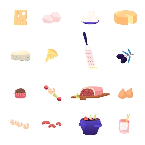 Los iconos establecen queso, rallador y aceitunas, dulce, camarones en Skewer, y frijoles, leche de soja, sopa en el tazón. Comida Comida, Platos Cocina, Producción de comestibles Aislado sobre fondo blanco. Ilustración de vectores de dibujos animados — Vector de stock
