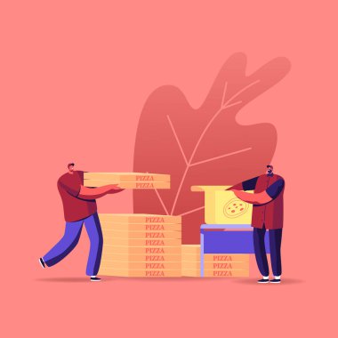 İşçiler, Pizza Kutularını Müşterilere Paketliyor ve Teslim Ediyor. Yemek Teslimatı, Dağıtım Kafe ve Restoran Nakliye Servisi. Paketli Üniformalı Erkek Karakterler. Çizgi film İnsanları Vektör İllüstrasyonu