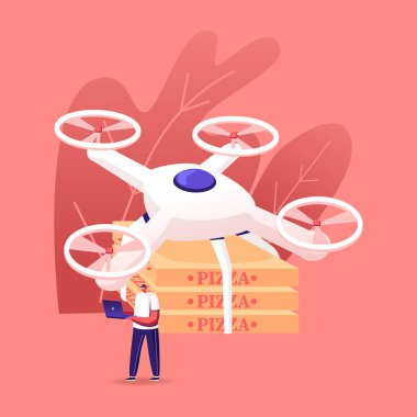 Uzaktan kumandalı Uçan Drone ile Seyrüsefer Uzaktan Kumandalı Pizza kutularını müşterilere teslim etmek için Genç Adam Telekonkontrol Pad 'i tutuyor. Quadcopter Yiyecek Teslimatı, Hava Nakliyesi. Çizgi film Vektör İllüstrasyonu