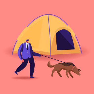 Border Guard Character with Dog on Leash Searching Illegal Immigrants in Refugees Camp with Tent. Border Protection Agent or Police Officer Occupation, Territory Patrol. Cartoon Vector Illustration clipart