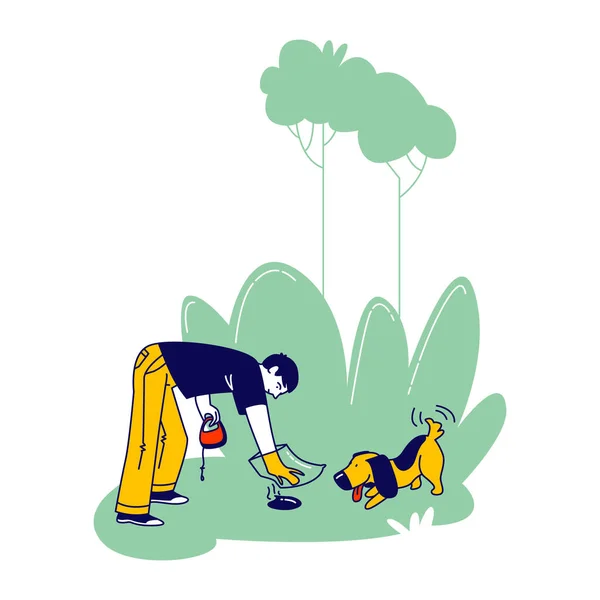 Dog Owner Character Remove Dog Shit from Ground in Park or House Yard Using Plastic Bag on Hand. Man Care Environment, Follow Cleaning Rules while Walking Domestic Animal. Linear Vector Illustration — Wektor stockowy