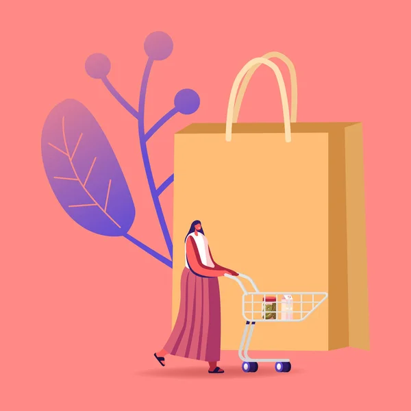 Caracteres femininos para clientes em supermercado ou supermercado com mercadorias em carrinho de compras na Huge Paper Bag Visiting Store for Products Purchases. Venda, conceito de consumismo. Desenhos animados Vector Ilustração — Vetor de Stock