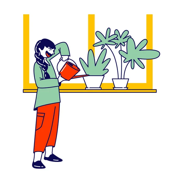 Child Helper Watering Home Plant in Bloempot op Windowsill van Watering Can. Tuinieren Hobby — Stockvector