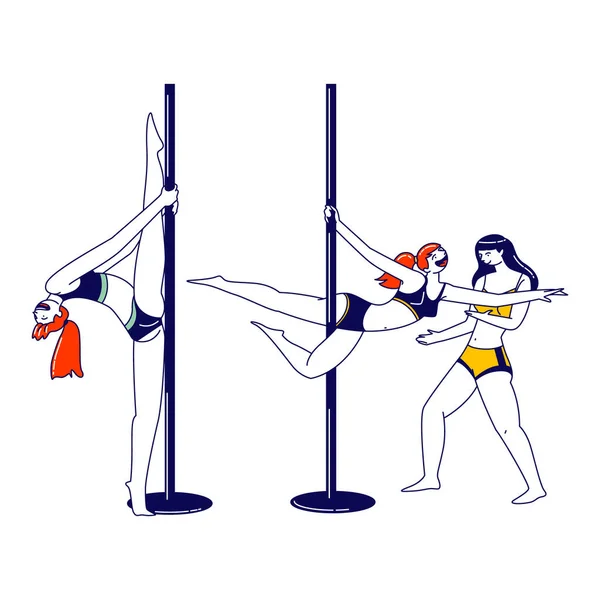 Young Sexy Girls Pole Dancers Workout and Exercising in Studio Training Choreography with Help of Trainer Woman.Female Characters Practicing Pole Dance Concept. Linear People Vector Illustration — Stock Vector