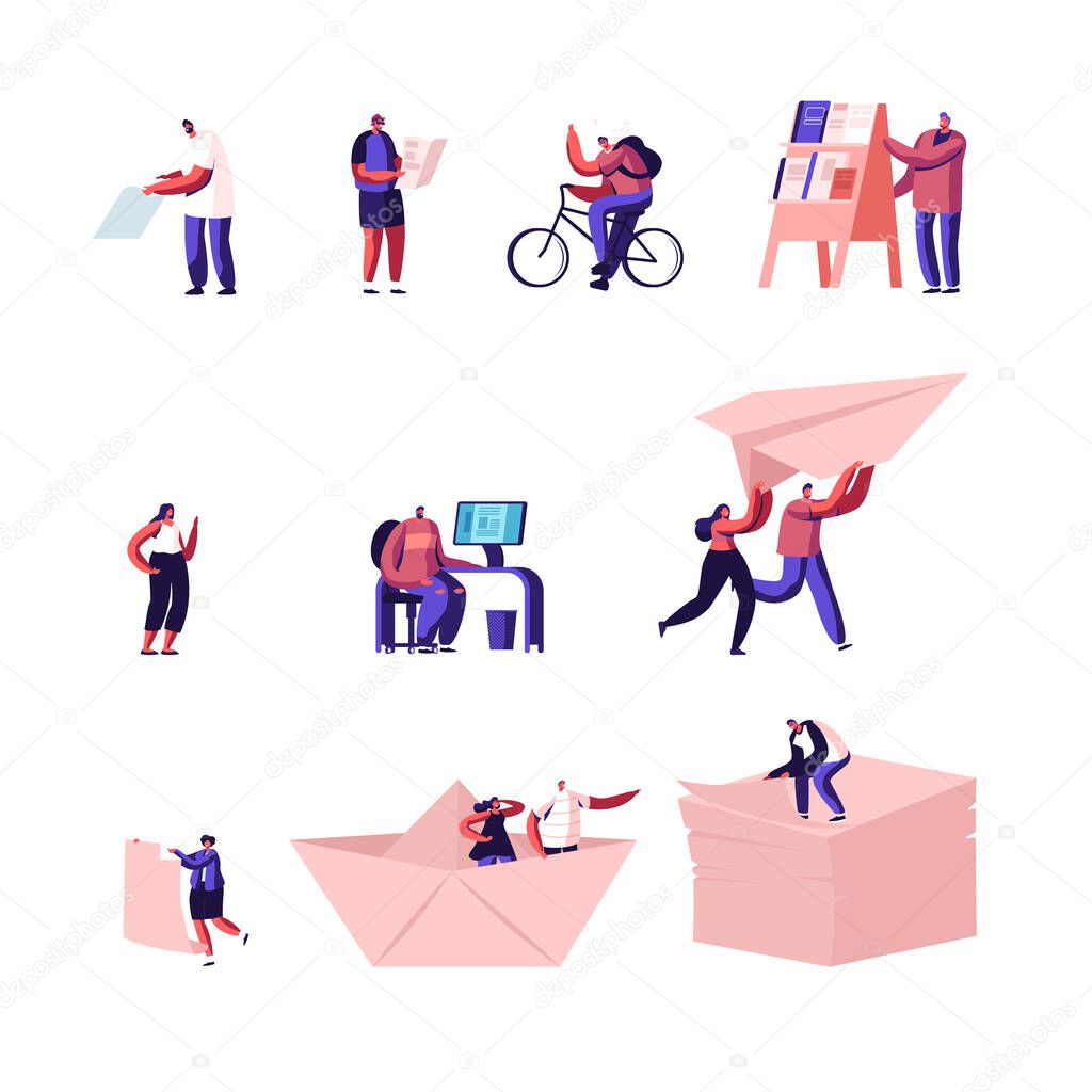 Set of Tiny Characters Traveling in Foreign Country with Map, Backpacker Riding Bike, Man at Newspaper Stand. People Work on Computer Isolated on White Background. Cartoon Vector Illustration, Icons