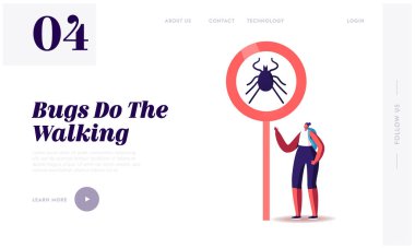 Tick in Forest ve Doğa Bölgesi İniş Şablonu 'nda Isırık Tehlikesi Altındaki Turist Kız. Mite Image ile Dev Uyarı Tabelasında Sırt çantalı Kadın Karakteri. Çizgi film Vektör İllüstrasyonu