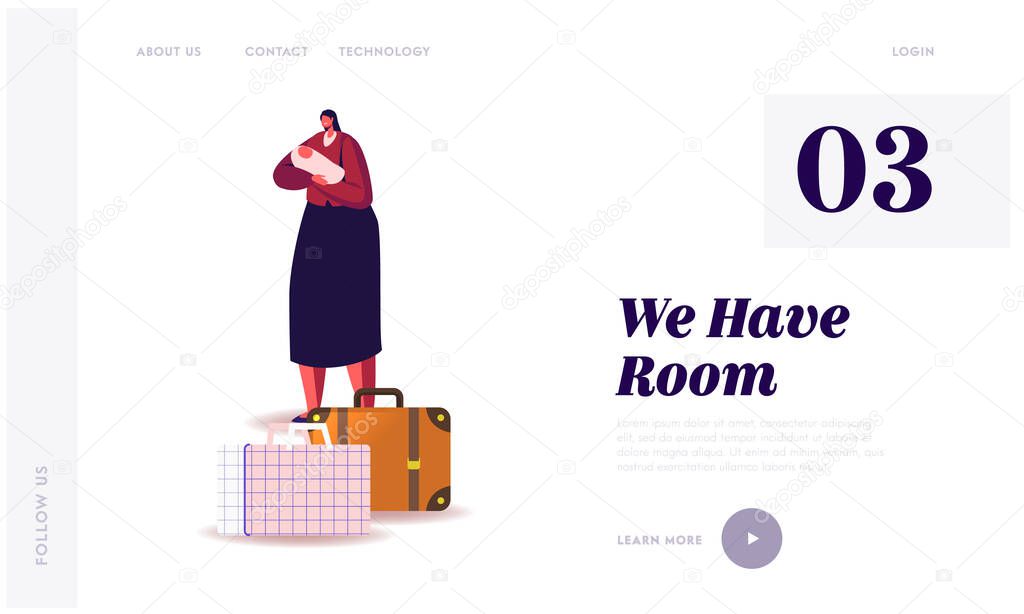 Illegal or Legal Immigrant, Refugee Landing Page Template. Female Character with Newborn Baby on Hands with Luggage Bags and Flying Airplane on Background Leaving Country. Cartoon Vector Illustration