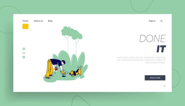 Man Follow Cleaning Rules while Walking Domestic Animal Landing Page Template. Dog Owner Character Remove Dog Shit — Wektor stockowy