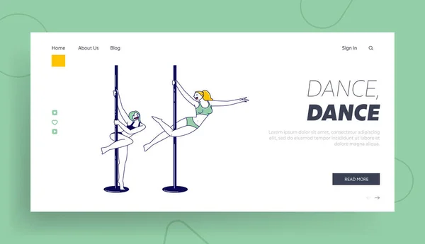 Kvinnliga tecken öva Pole Dance Landing Page Template. Unga flickor Pole Dancers Träning och träning i Studio Training koreografi element och möjligheter. Linjära människor vektor Illustration — Stock vektor