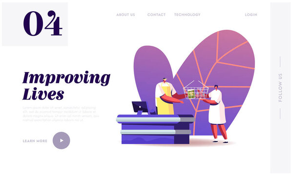 Woman Buying Food in Grocery Store Landing Page Template. Salesman Character at Cashier Desk Giving Cart with Products. Consumer Basket, Consumption Reducing, Cartoon People Vector Illustration