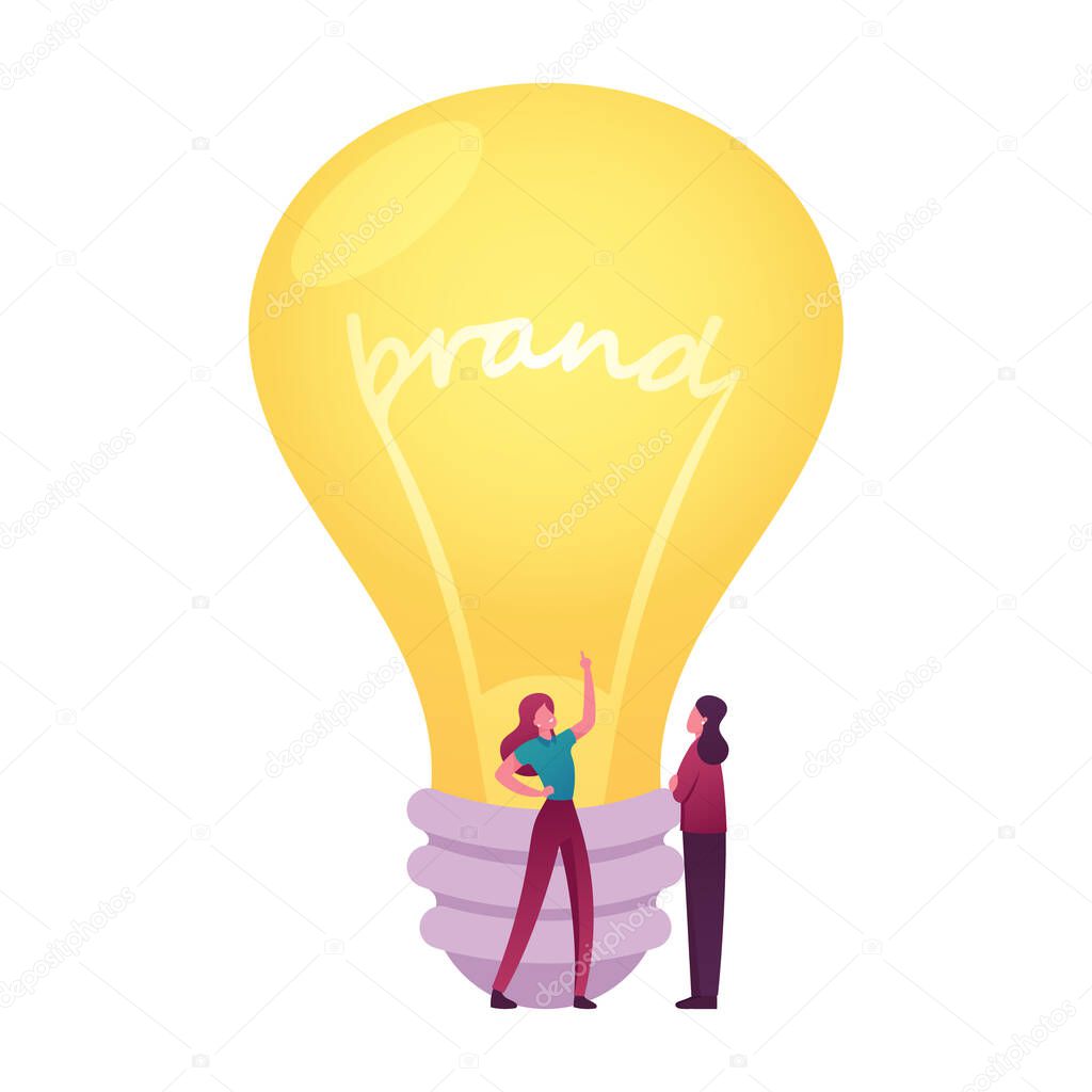Tiny Female Characters Stand at Huge Glowing Light Bulb with Brand Inscription. Promoter Explain to Customer Advantages of New Company, Brand Awareness, Recognition. Cartoon People Vector Illustration