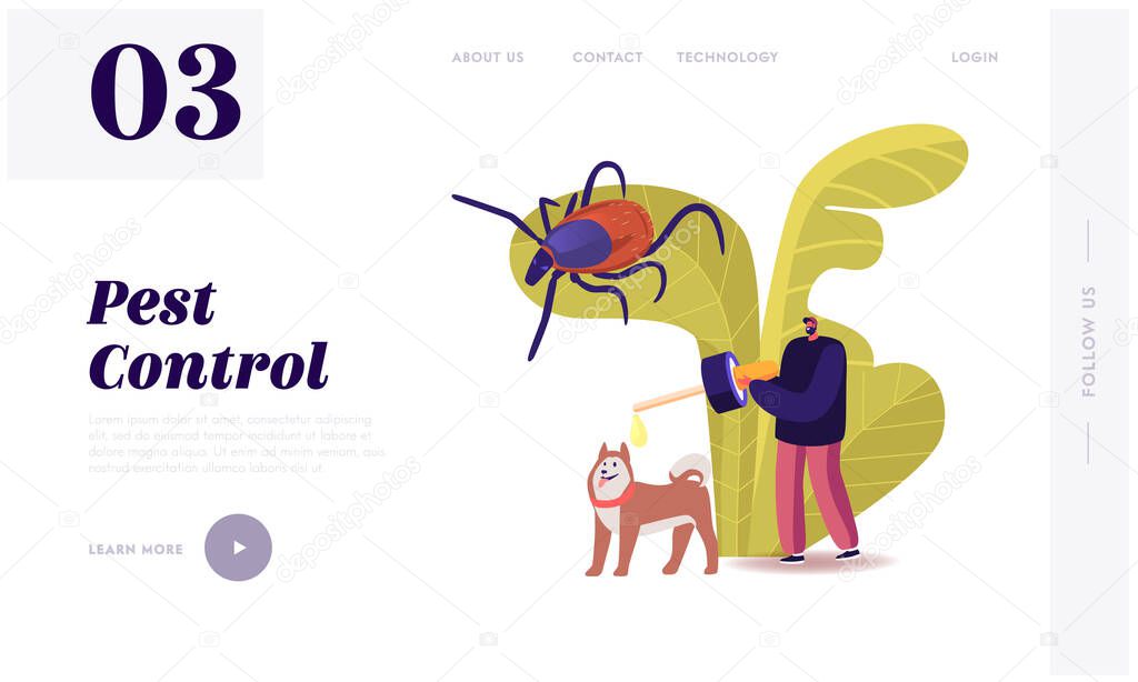 Domestic Animals Parasites Protection Landing Page Template. Male Character Drip Drops against Encephalitis Mites on Dog. Owner Protect Pet of Ticks and Poisonous Insects. Cartoon Vector Illustration