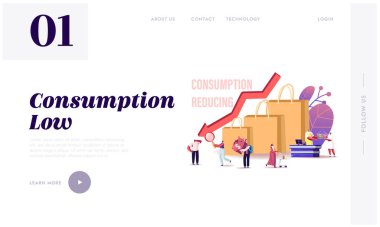 Para Harcamaları Tasarruf Sayfa Şablonu. Küçük Müşteri Karakterleri Malzeme ve Hizmetler Sepeti Yüksekten Düşük Yayımlı Nesnelere Tüketiliyor. Çizgi film İnsanları Vektör İllüstrasyonu