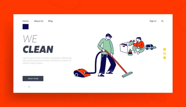 Todos os dias Routine, Weekend Chores Landing Page Template. Caráter menino fazendo trabalho doméstico —  Vetores de Stock