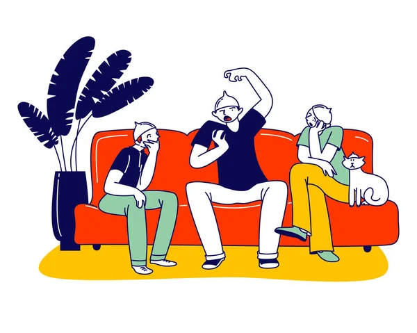 Group of Friends Characters Wearing Foil Hats on Heads Sitting on Sofa in Living Room Discussing Conspiracy Theories — Stock Vector