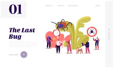 Ensefalit Mite, Kene Koruma İniş Sayfası Şablonu. Karakterler Tehlikeli Böceği Arıyor. Bitki Yaprağı 'nda Mite Hid, Derinin ve Köpeğin Üzerine Böcek Kovucu Spreyen İnsanlar. Çizgi film Vektör İllüstrasyonu