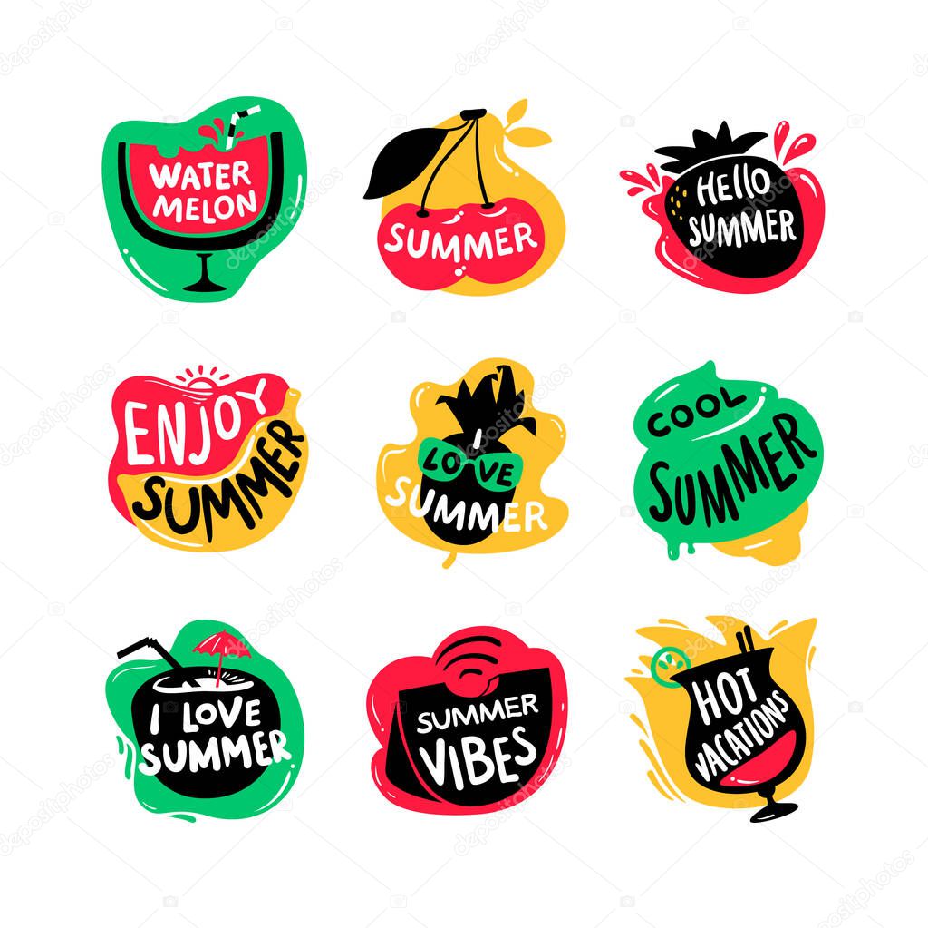 Icons Set with Hello Summer, Watermelon and Hot Vacations Typography Isolated on White Background. Creative Badges for Summertime Holidays. Promo Ad Design. Cartoon Vector Illustration, Stickers, Tags
