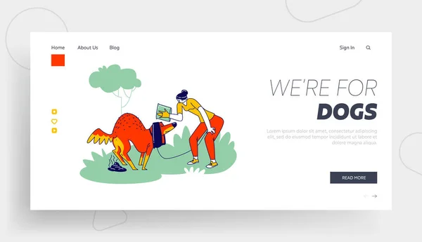 Dog Pooping in Park Landing Page Template. Female Owner Character with Plastic Bag on Hand Prepare to Remove Pet Shit — Stockvector