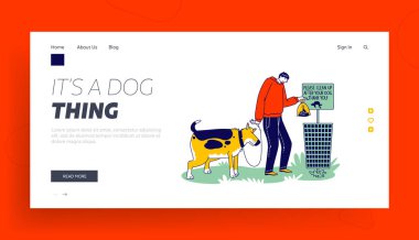 Care of Environment Landing Page Template. Male Character Cleanup after Dog Remove Shit from Ground