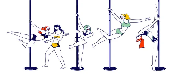 Hermosas chicas bailarinas polacas actuando en el estudio, haciendo ejercicio para Striptease Show. Mujer Personajes Usando sujetador deportivo — Vector de stock