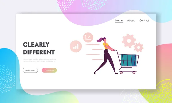 Oferta de Vendas em Shopping Shop Promoção Landing Page Template. Caráter feminino condução carrinho de compras — Vetor de Stock