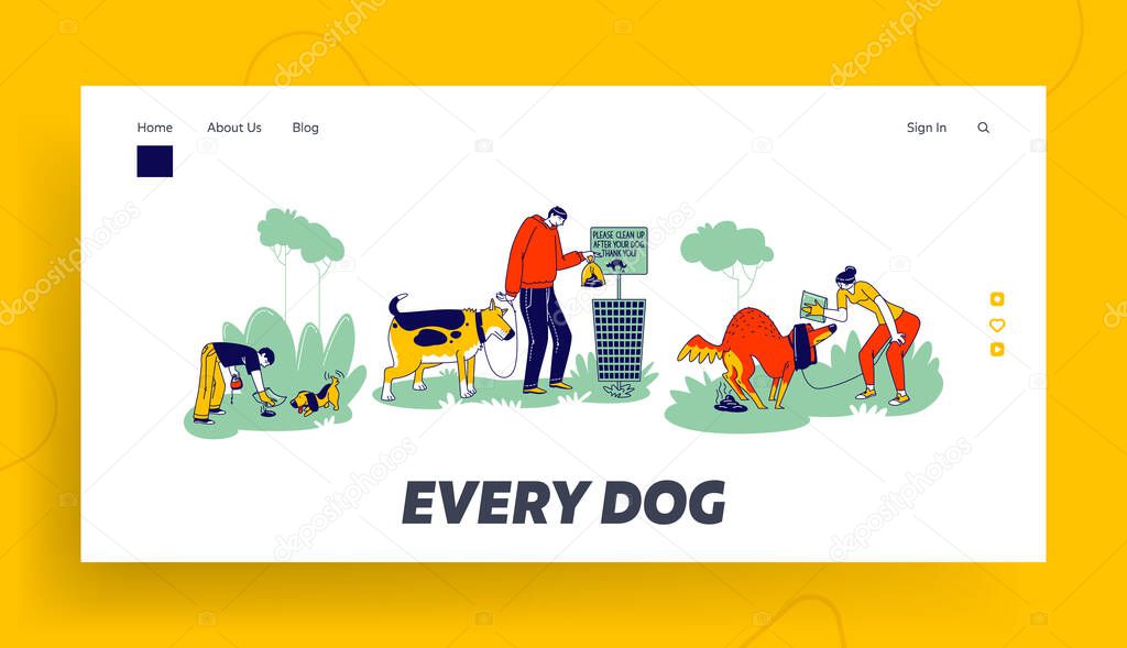 Dog Owners Clean Up Feces After Pets on Street Landing Page Template. Characters Using Polyethylene Bag