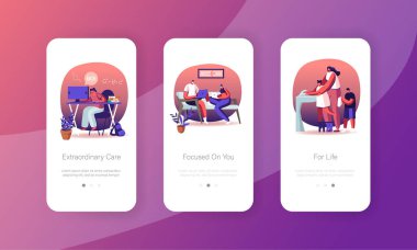 Ev Karantina Mobil Uygulama Sayfası Ekran Şablonu. Covid19 Salgınında İnsan Karakterleri İzolasyonu