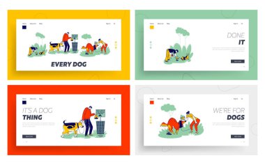 Dog Owners Clean Up Feces After Pets on Street Landing Page Template Set. Characters Use Polyethylene Bag clipart