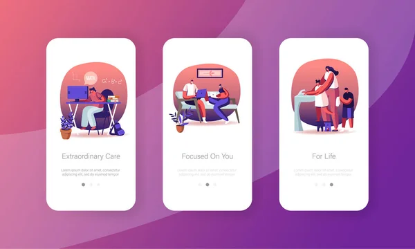 Início Quarentena Mobile App Page Modelo de tela a bordo. Pessoas Personagens Isolamento em Covid19 Pandemia — Vetor de Stock