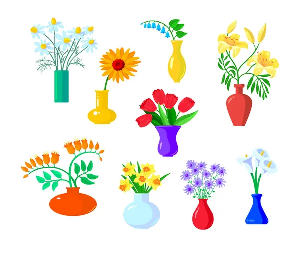 Set van Iconen Bloemen Kamille, Gerber en Tulp, Lilly, Daffodil, met Narcis Stand in vazen geïsoleerd — Stockvector