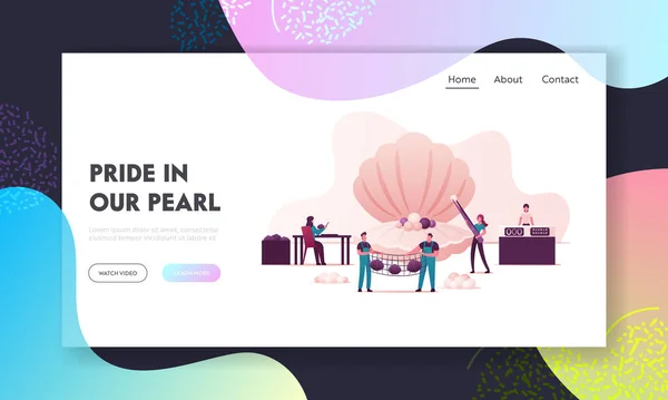 Pearl Farm Landning Page Mall. Karaktärer Använd Implantation av Irritant i Oyster Shell Producera Kvinna — Stock vektor