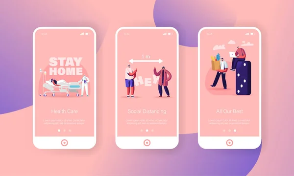 Social Distancing Mobile App Page Onboard Screen Template (dalam bahasa Inggris). Karakter Orang Kecil Menjaga Jarak dalam Masyarakat Publik - Stok Vektor