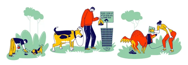 Hundägare städa upp avföring efter husdjur på gatan. Män eller kvinnor tecken med hjälp av polyetylen paket — Stock vektor