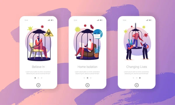 Page d'application mobile d'isolement à domicile Modèle d'écran de bord. Personnages minuscules assis dans des cages — Image vectorielle