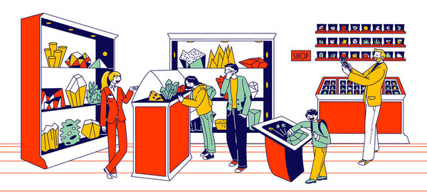 Minerals Exhibition Concept. Visitors Male, Female and Children Characters Visiting Museum or Store