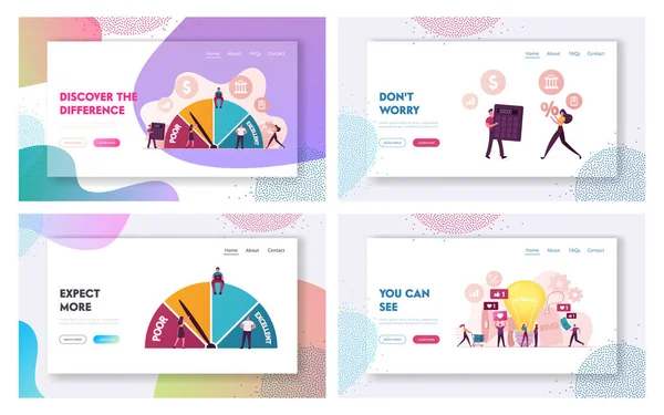 Credit Score Waardering en Brand Awareness Landing Page Template Set. Kredietwaardigheid voor lening, hypotheek — Stockvector