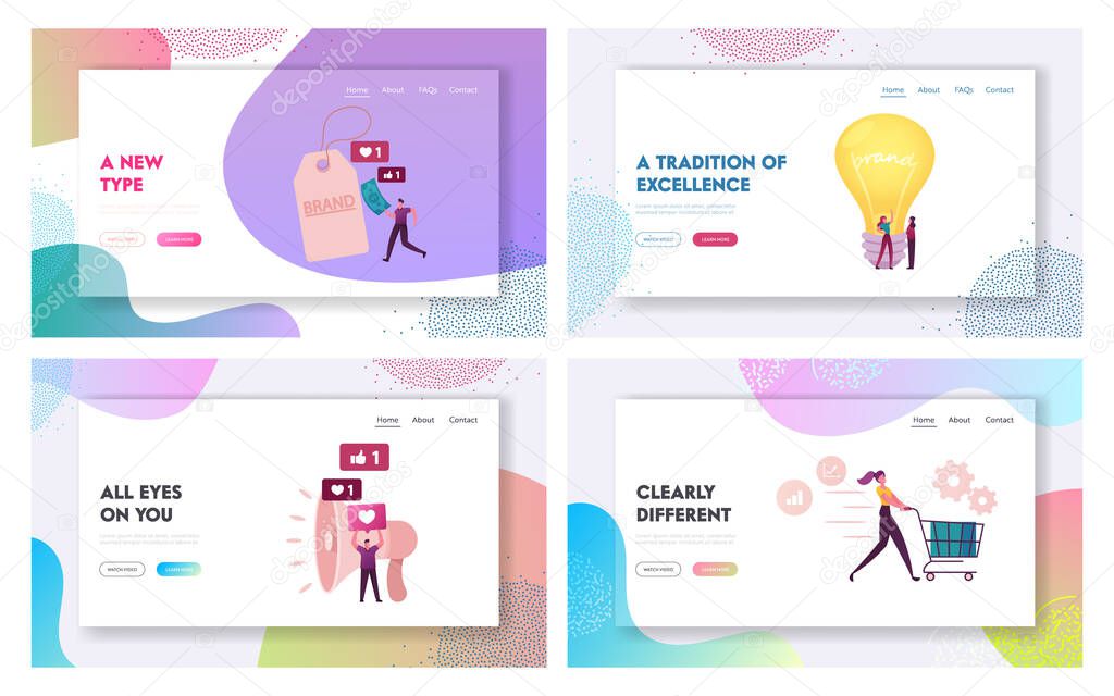 Brand Awareness Campaign Landing Page Template Set. Tiny Marketers Characters with Huge Megaphone