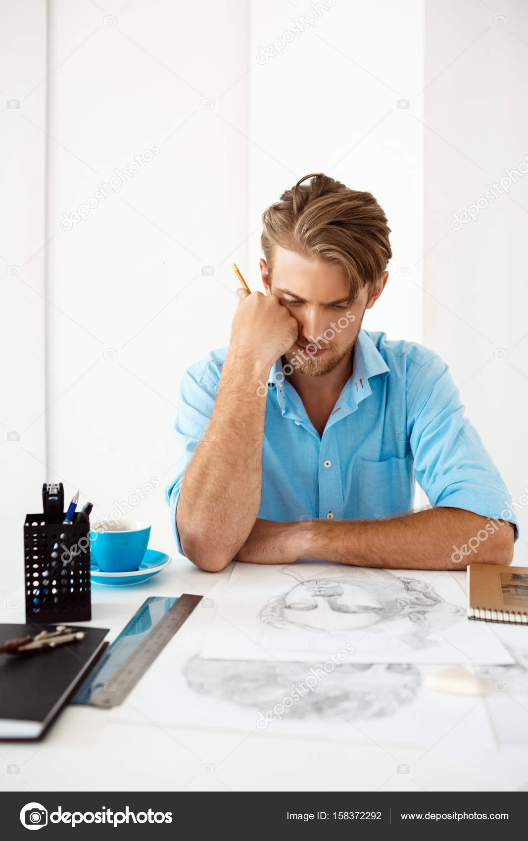 Businessman Sitting At Table Thinking Over Pencil Drawing Portrait